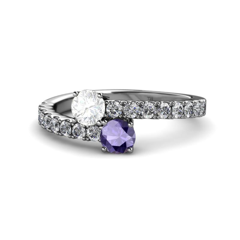 Delise 5.00mm Round White Sapphire and Iolite with Side Diamonds Bypass Ring 