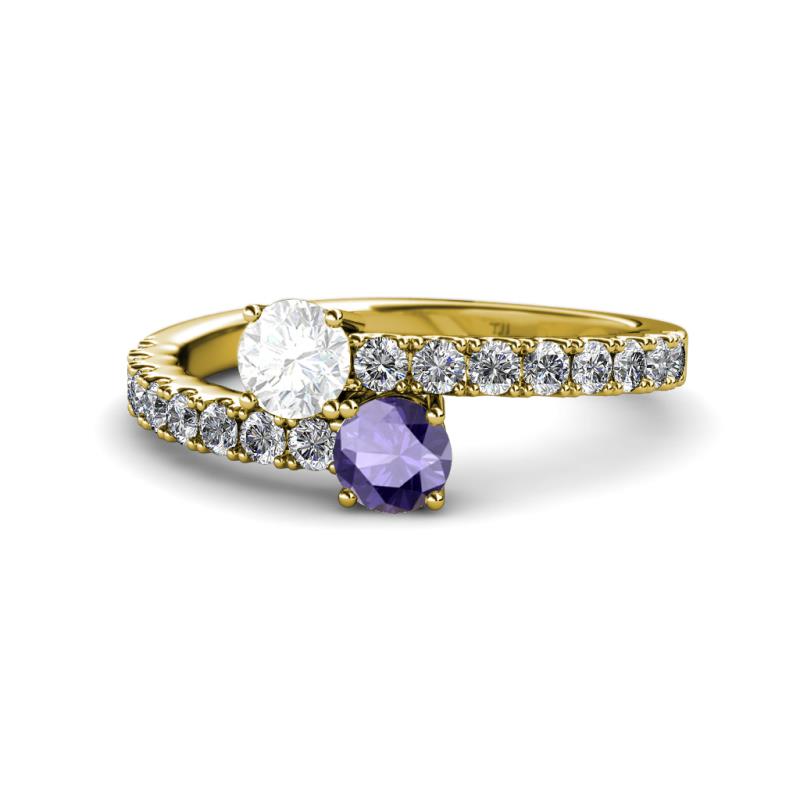 Delise 5.00mm Round White Sapphire and Iolite with Side Diamonds Bypass Ring 
