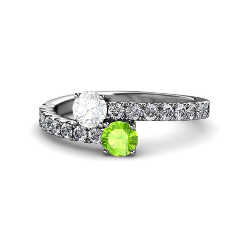 Delise 5.00mm Round White Sapphire and Peridot with Side Diamonds Bypass Ring 