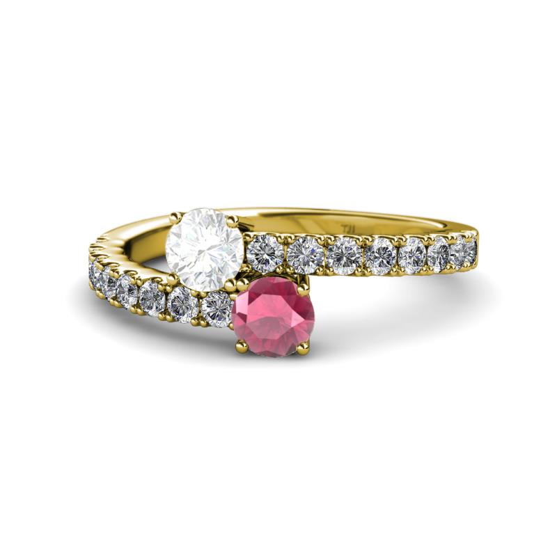 Delise 5.00mm Round White Sapphire and Rhodolite Garnet with Side Diamonds Bypass Ring 