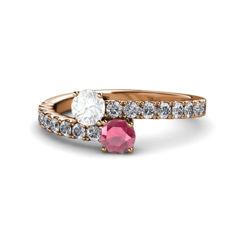 Delise 5.00mm Round White Sapphire and Rhodolite Garnet with Side Diamonds Bypass Ring 
