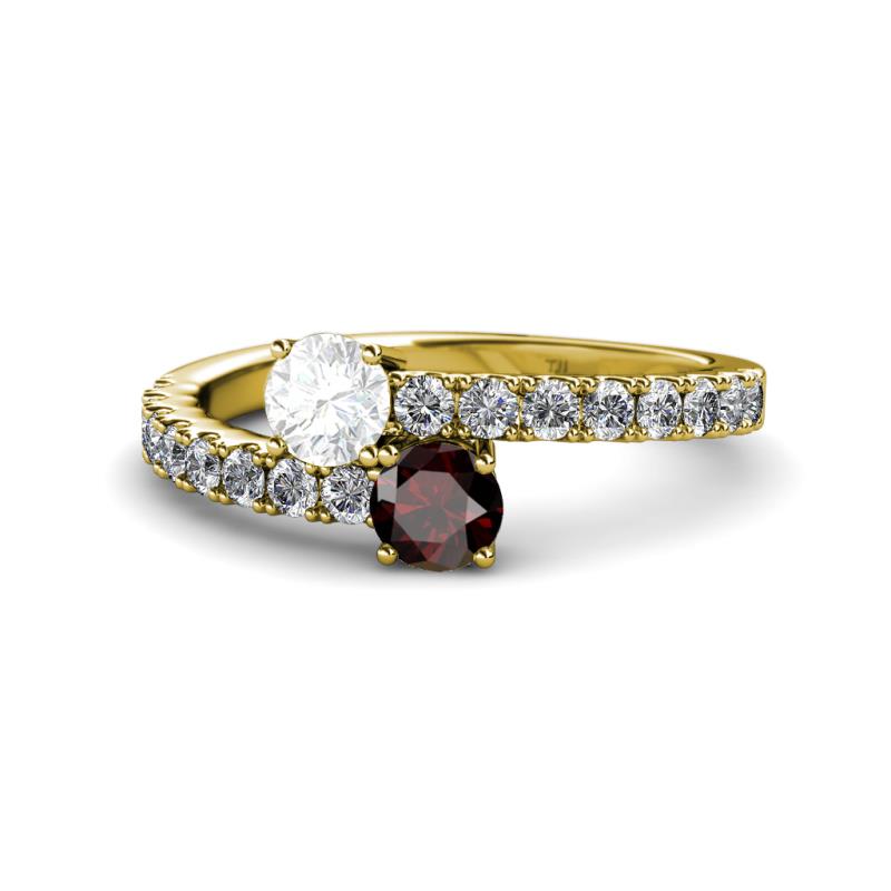 Delise 5.00mm Round White Sapphire and Red Garnet with Side Diamonds Bypass Ring 