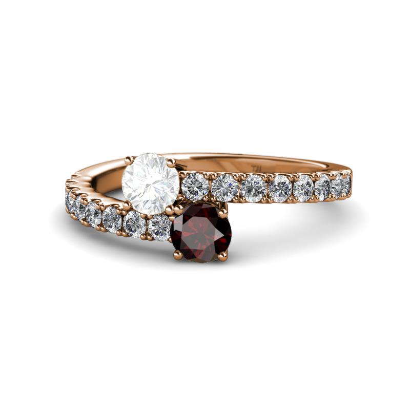 Delise 5.00mm Round White Sapphire and Red Garnet with Side Diamonds Bypass Ring 
