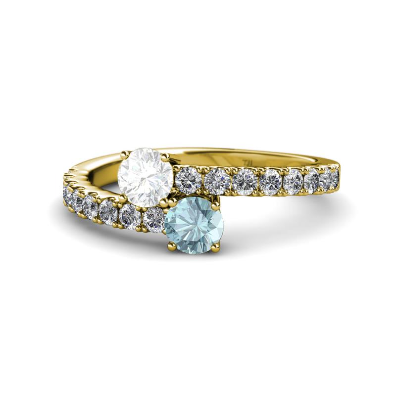 Delise 5.00mm Round White Sapphire and Aquamarine with Side Diamonds Bypass Ring 