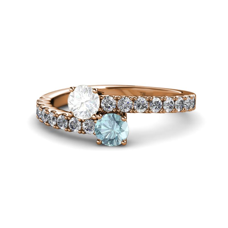 Delise 5.00mm Round White Sapphire and Aquamarine with Side Diamonds Bypass Ring 