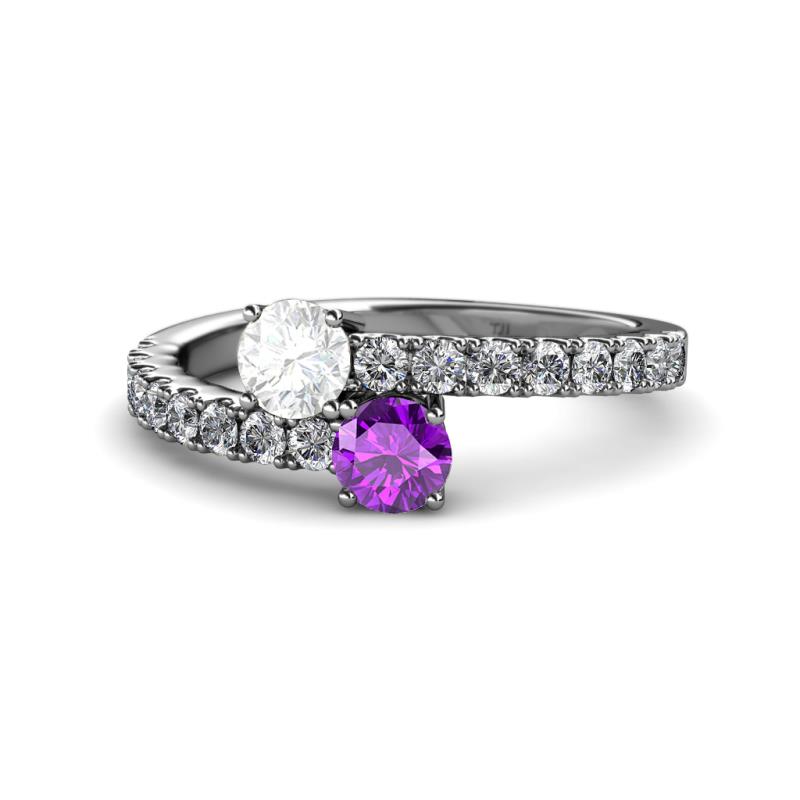 Delise 5.00mm Round White Sapphire and Amethyst with Side Diamonds Bypass Ring 