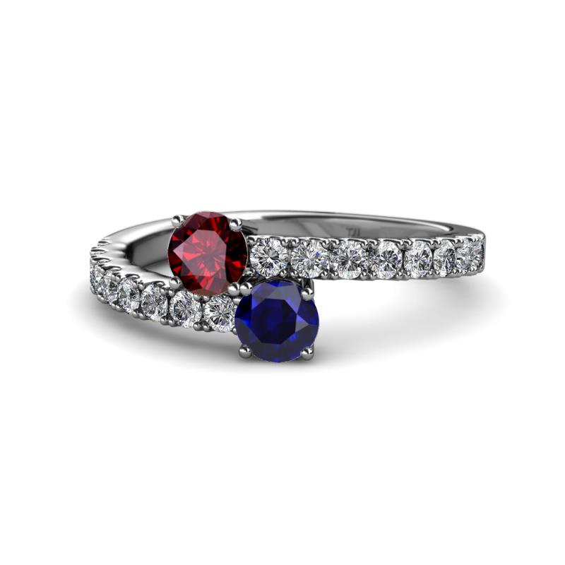 Delise 5.00mm Round Ruby and Blue Sapphire with Side Diamonds Bypass Ring 