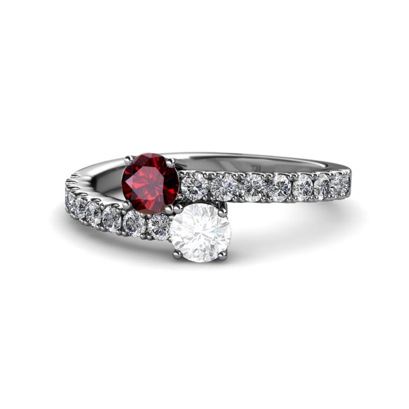 Delise 5.00mm Round Ruby and White Sapphire with Side Diamonds Bypass Ring 