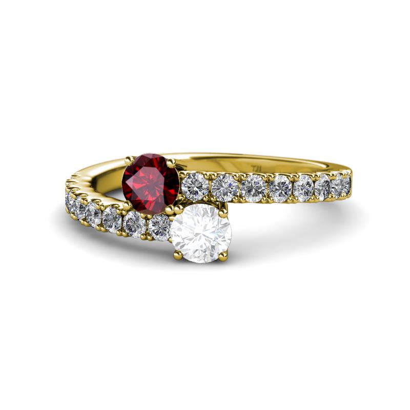 Delise 5.00mm Round Ruby and White Sapphire with Side Diamonds Bypass Ring 