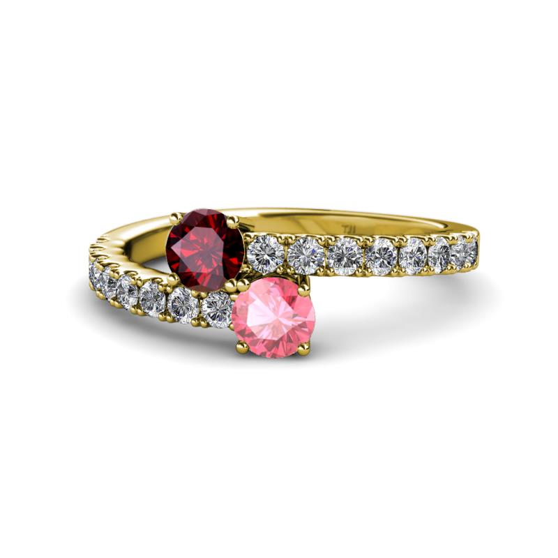 Delise 5.00mm Round Ruby and Pink Tourmaline with Side Diamonds Bypass Ring 