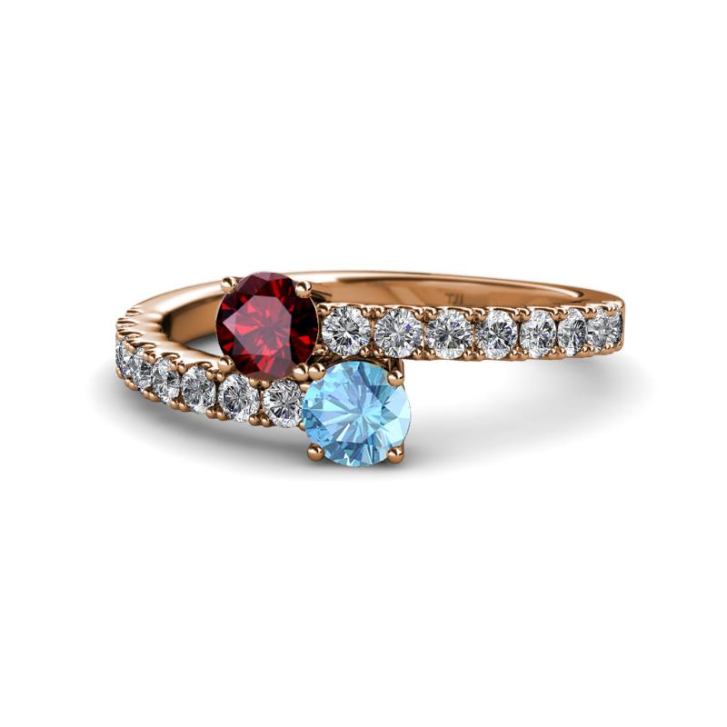 Delise 5.00mm Round Ruby and Blue Topaz with Side Diamonds Bypass Ring 