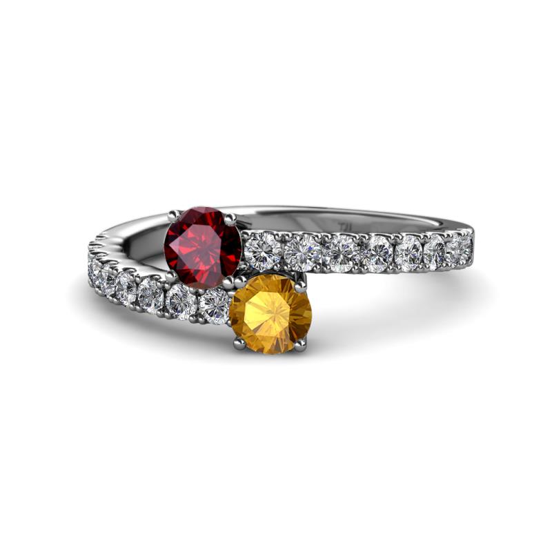 Delise 5.00mm Round Ruby and Citrine with Side Diamonds Bypass Ring 