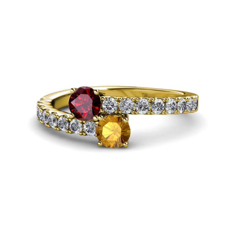 Delise 5.00mm Round Ruby and Citrine with Side Diamonds Bypass Ring 