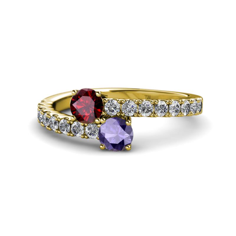 Delise 5.00mm Round Ruby and Iolite with Side Diamonds Bypass Ring 