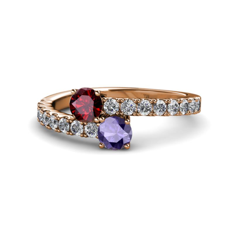 Delise 5.00mm Round Ruby and Iolite with Side Diamonds Bypass Ring 