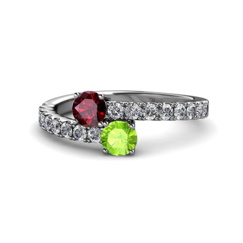 Delise 5.00mm Round Ruby and Peridot with Side Diamonds Bypass Ring 