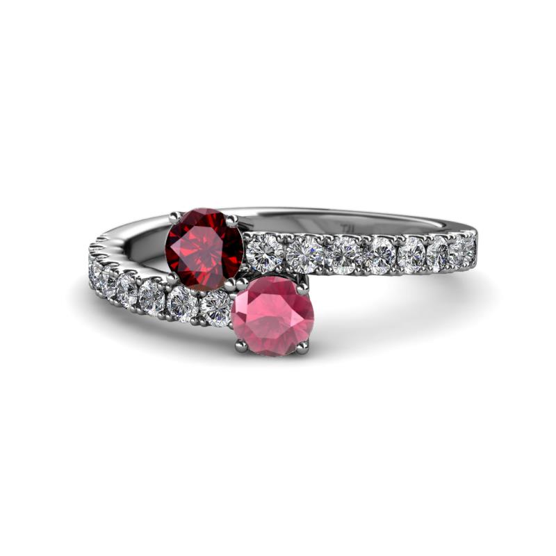 Delise 5.00mm Round Ruby and Rhodolite Garnet with Side Diamonds Bypass Ring 