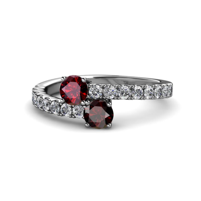 Delise 5.00mm Round Ruby and Red Garnet with Side Diamonds Bypass Ring 