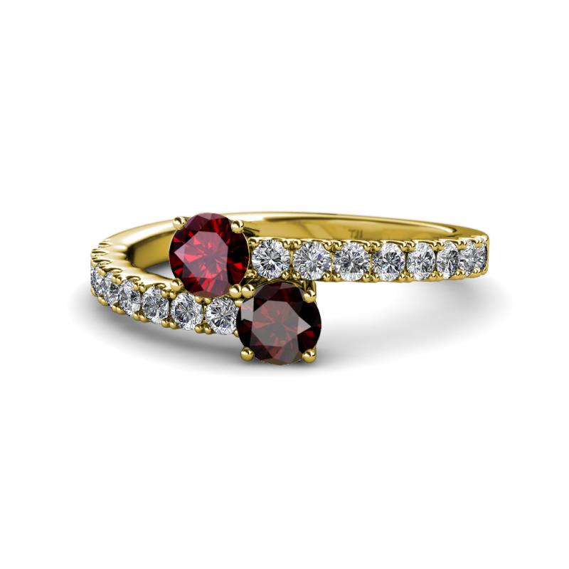 Delise 5.00mm Round Ruby and Red Garnet with Side Diamonds Bypass Ring 