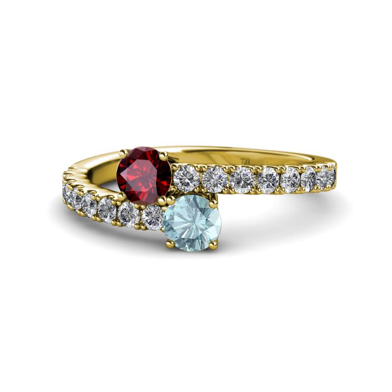 Delise 5.00mm Round Ruby and Aquamarine with Side Diamonds Bypass Ring 