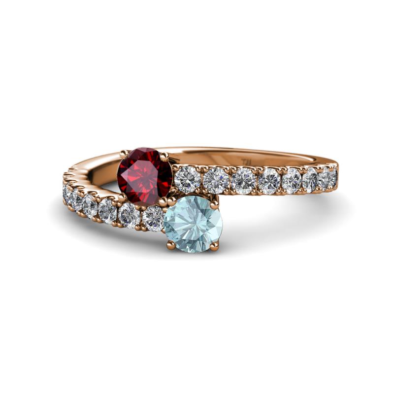 Delise 5.00mm Round Ruby and Aquamarine with Side Diamonds Bypass Ring 