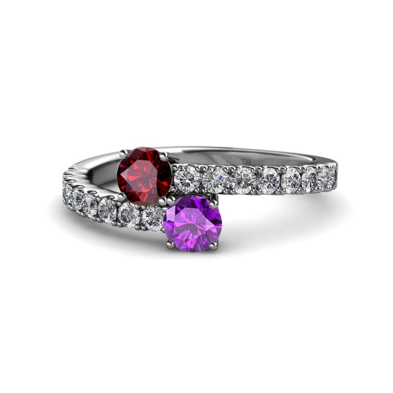 Delise 5.00mm Round Ruby and Amethyst with Side Diamonds Bypass Ring 