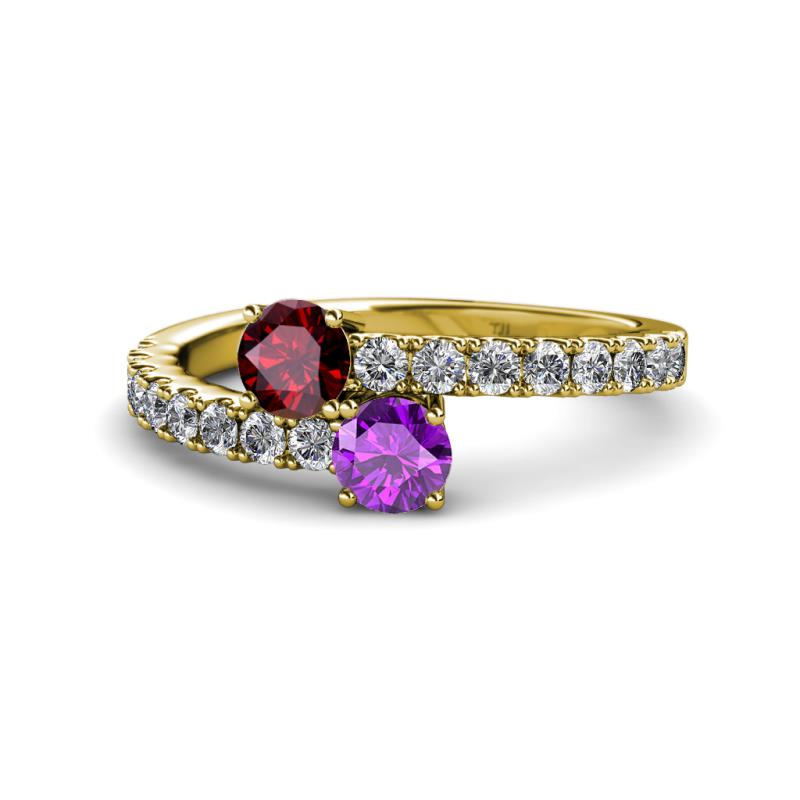 Delise 5.00mm Round Ruby and Amethyst with Side Diamonds Bypass Ring 