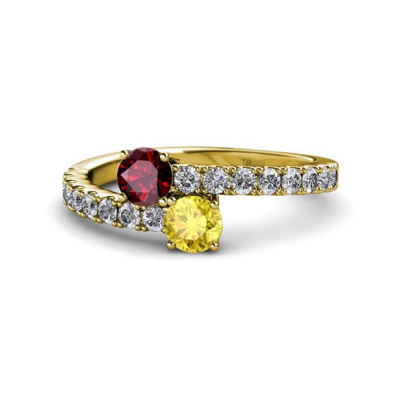 Delise 5.00mm Round Ruby and Yellow Sapphire with Side Diamonds Bypass Ring 