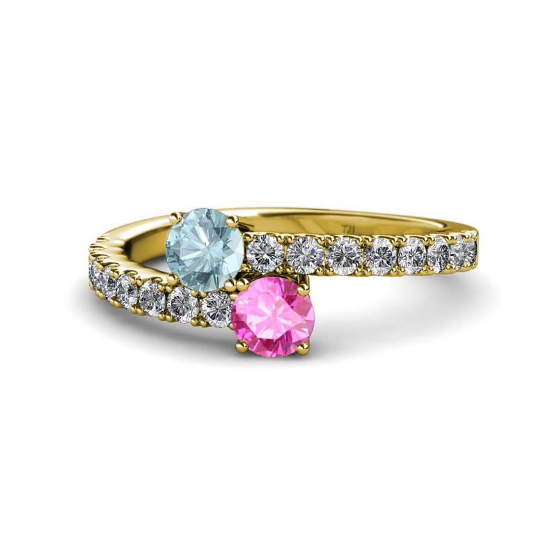 Delise 5.00mm Round Aquamarine and Pink Sapphire with Side Diamonds Bypass Ring 