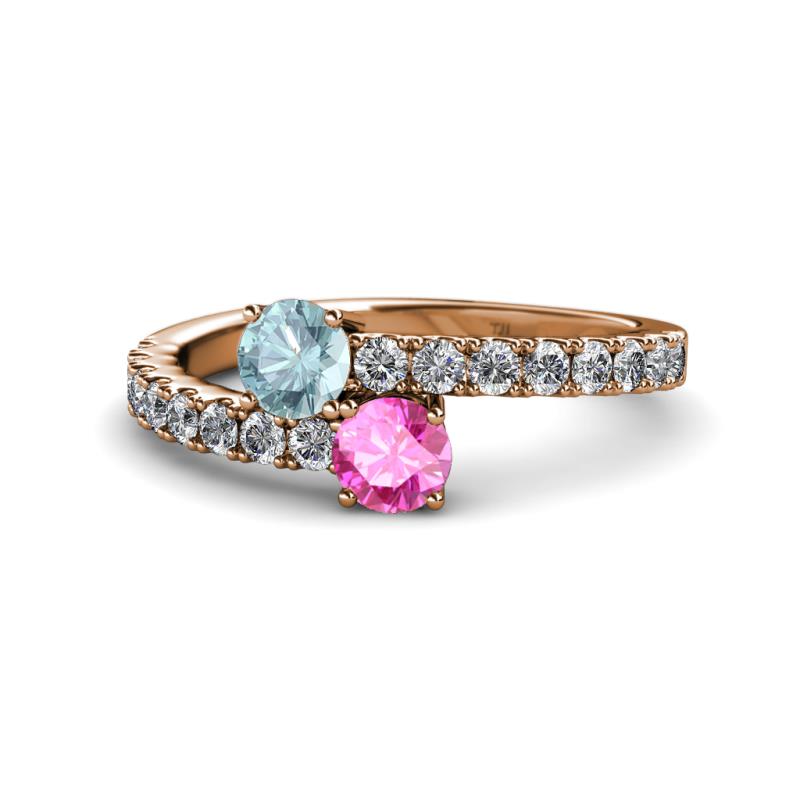 Delise 5.00mm Round Aquamarine and Pink Sapphire with Side Diamonds Bypass Ring 