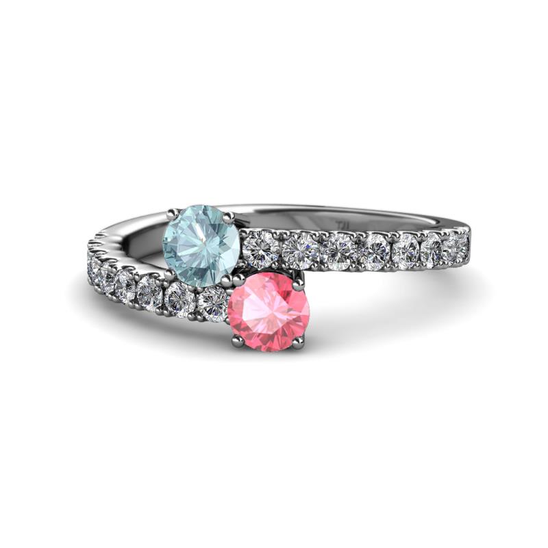 Delise 5.00mm Round Aquamarine and Pink Tourmaline with Side Diamonds Bypass Ring 