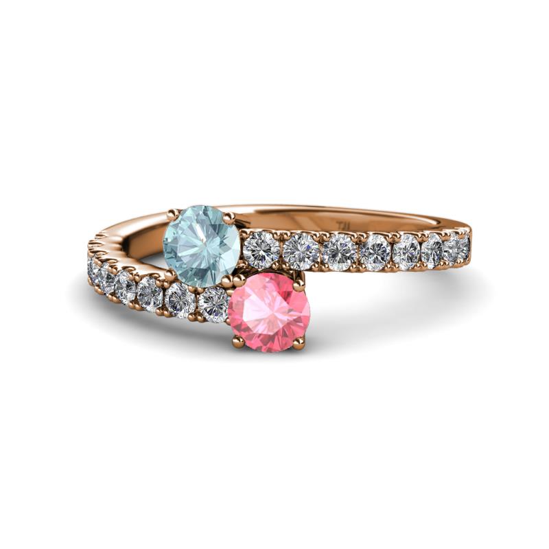 Delise 5.00mm Round Aquamarine and Pink Tourmaline with Side Diamonds Bypass Ring 