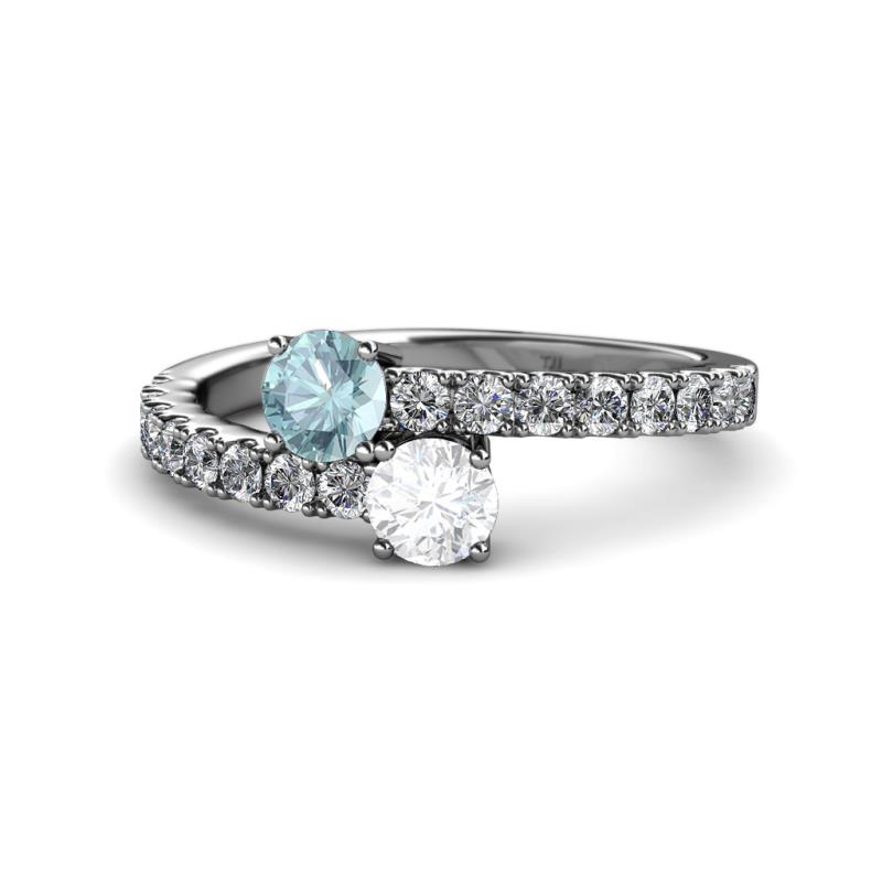 Delise 5.00mm Round Aquamarine and White Sapphire with Side Diamonds Bypass Ring 