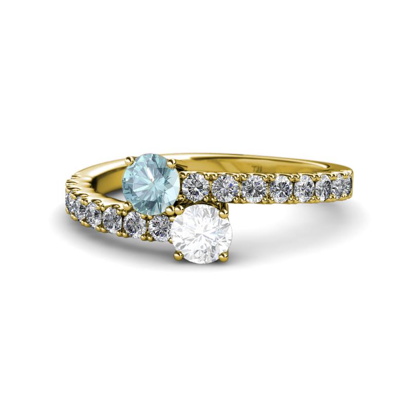 Delise 5.00mm Round Aquamarine and White Sapphire with Side Diamonds Bypass Ring 