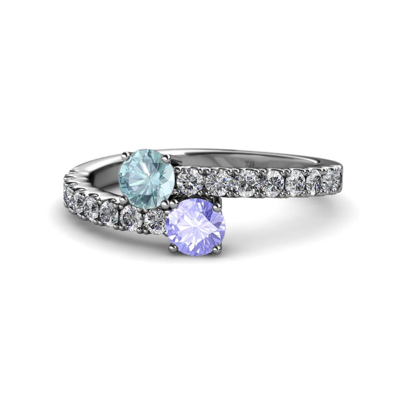 Delise 5.00mm Round Aquamarine and Tanzanite with Side Diamonds Bypass Ring 