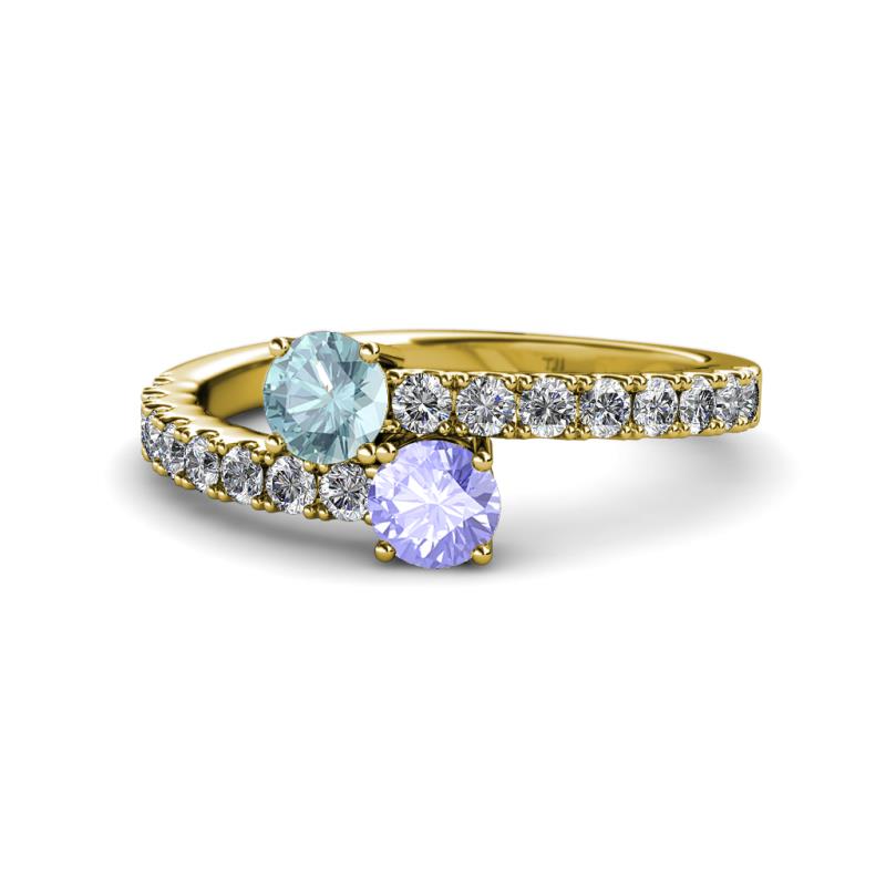 Delise 5.00mm Round Aquamarine and Tanzanite with Side Diamonds Bypass Ring 