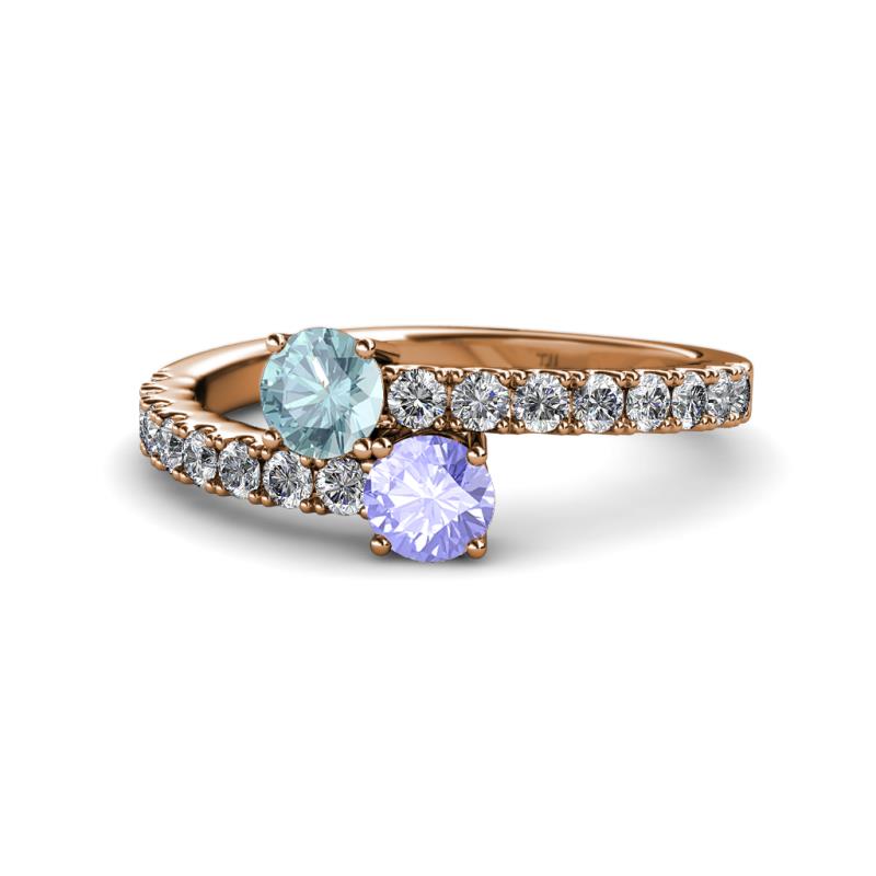 Delise 5.00mm Round Aquamarine and Tanzanite with Side Diamonds Bypass Ring 