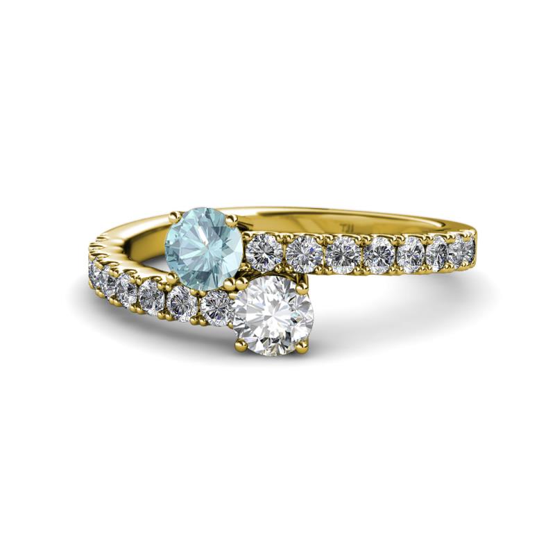 Delise 5.00mm Round Aquamarine and Diamond with Side Diamonds Bypass Ring 