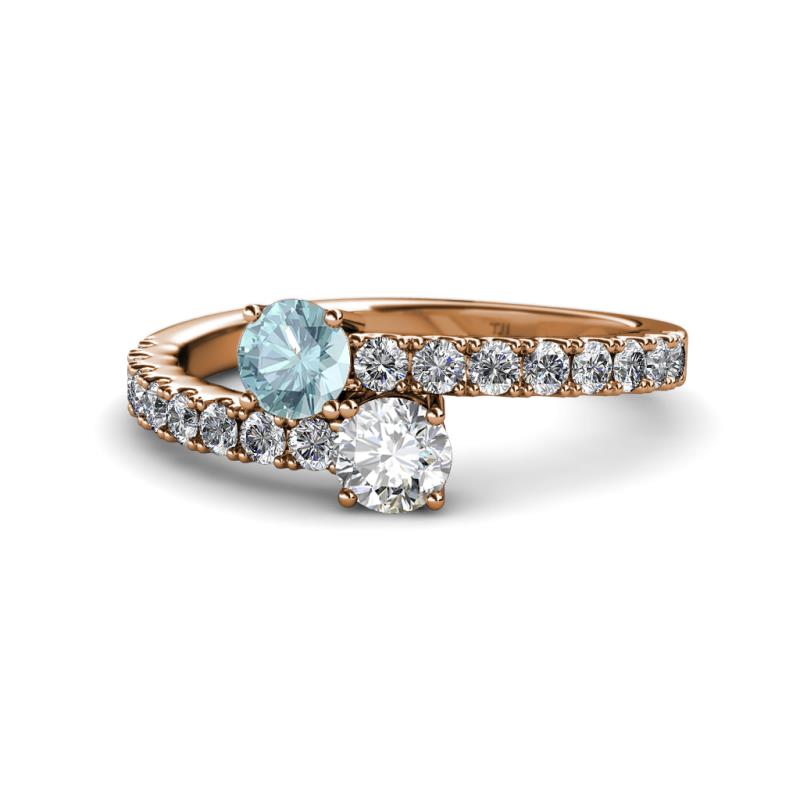 Delise 5.00mm Round Aquamarine and Diamond with Side Diamonds Bypass Ring 