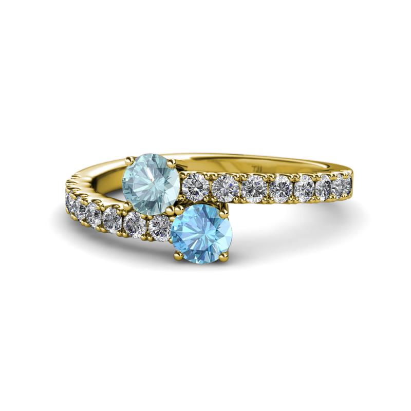 Delise 5.00mm Round Aquamarine and Blue Topaz with Side Diamonds Bypass Ring 