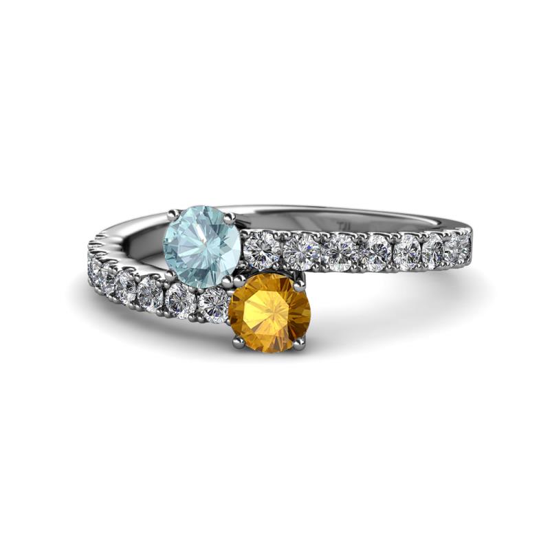 Delise 5.00mm Round Aquamarine and Citrine with Side Diamonds Bypass Ring 