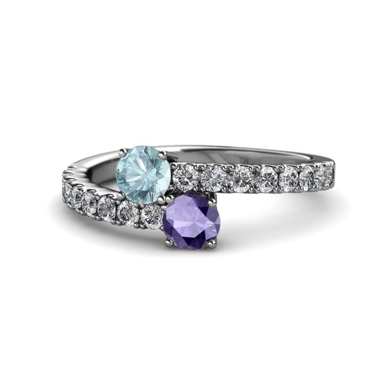 Delise 5.00mm Round Aquamarine and Iolite with Side Diamonds Bypass Ring 