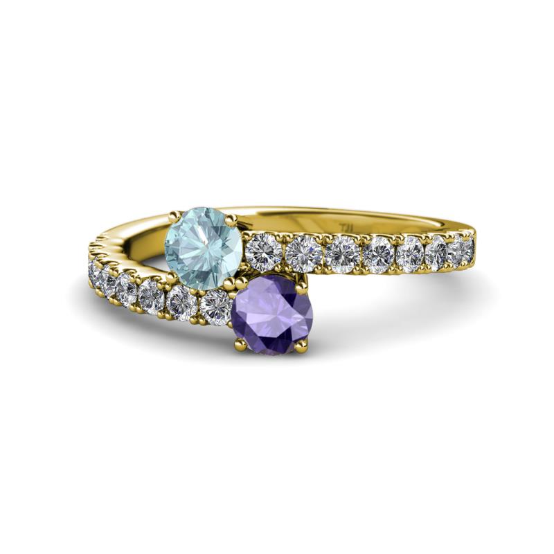 Delise 5.00mm Round Aquamarine and Iolite with Side Diamonds Bypass Ring 