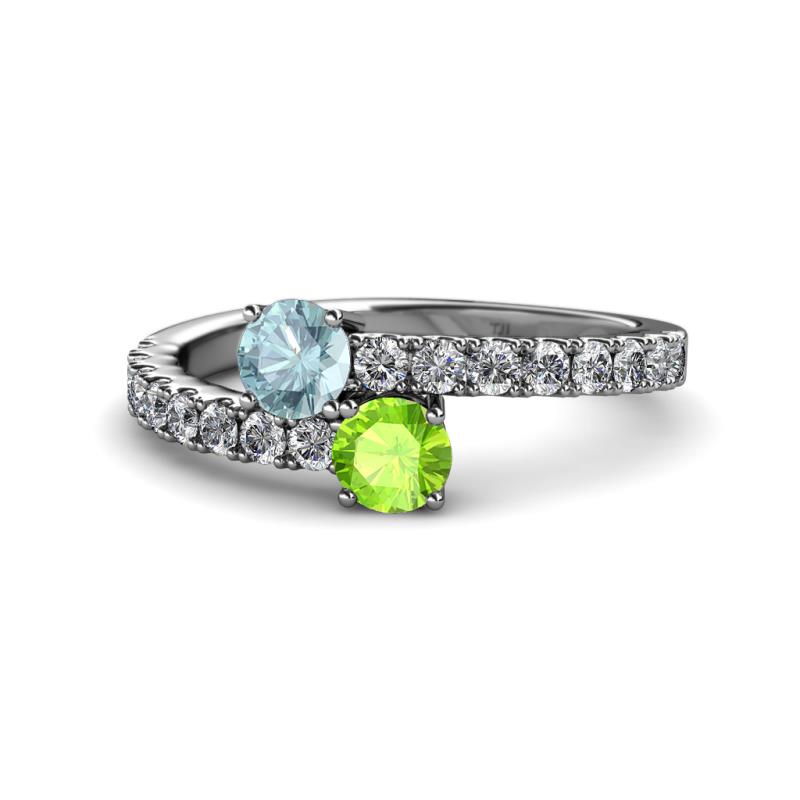 Delise 5.00mm Round Aquamarine and Peridot with Side Diamonds Bypass Ring 