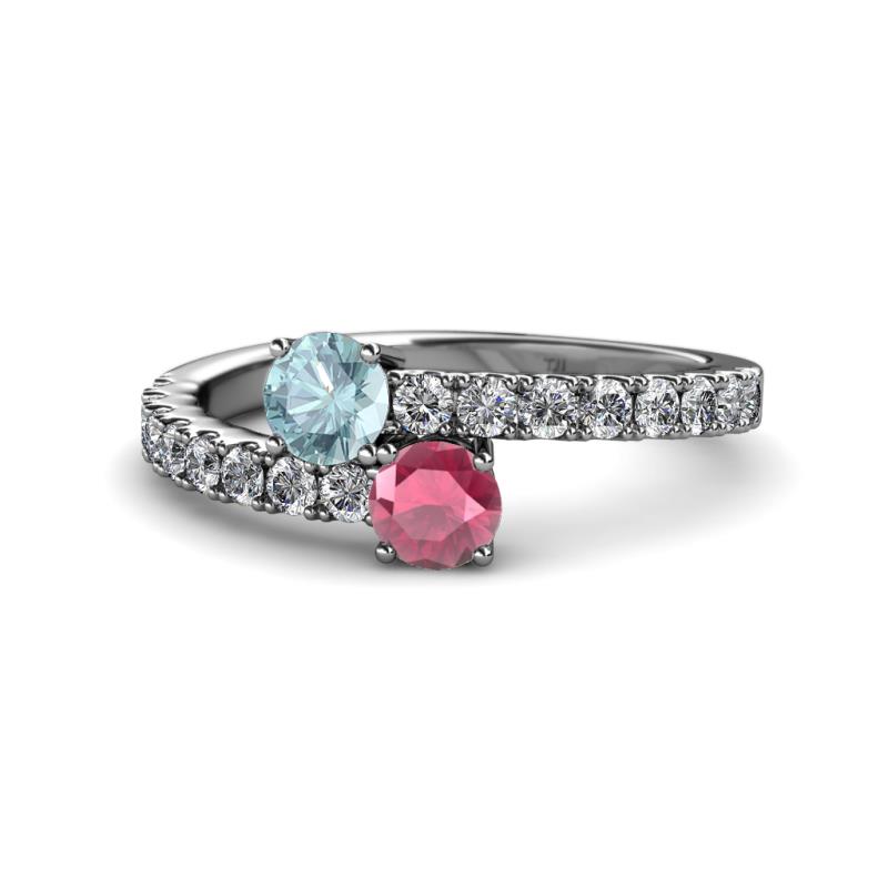 Delise 5.00mm Round Aquamarine and Rhodolite Garnet with Side Diamonds Bypass Ring 
