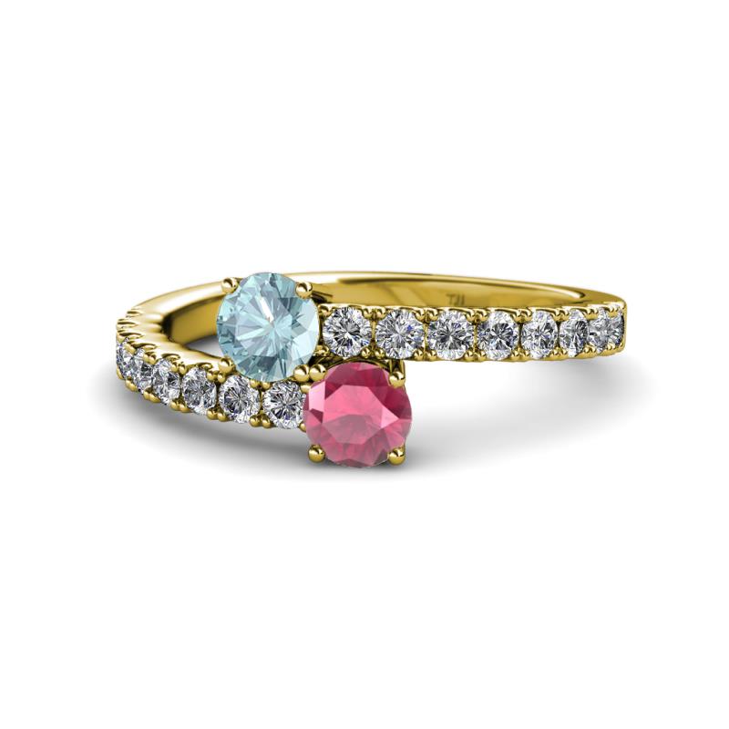 Delise 5.00mm Round Aquamarine and Rhodolite Garnet with Side Diamonds Bypass Ring 