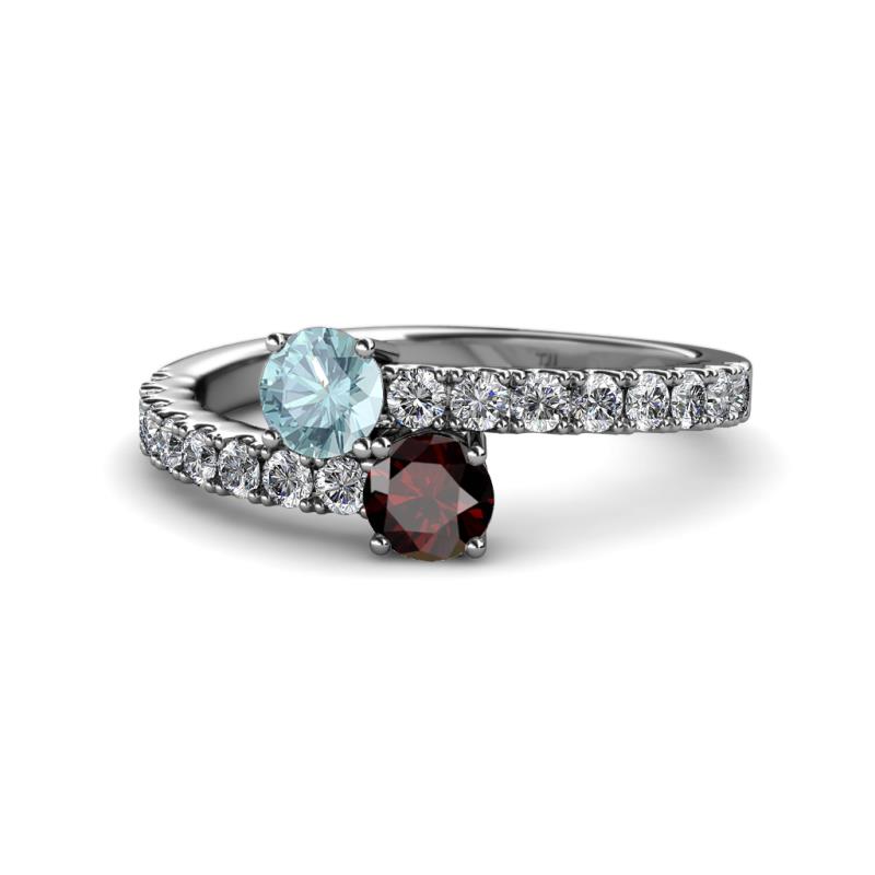 Delise 5.00mm Round Aquamarine and Red Garnet with Side Diamonds Bypass Ring 