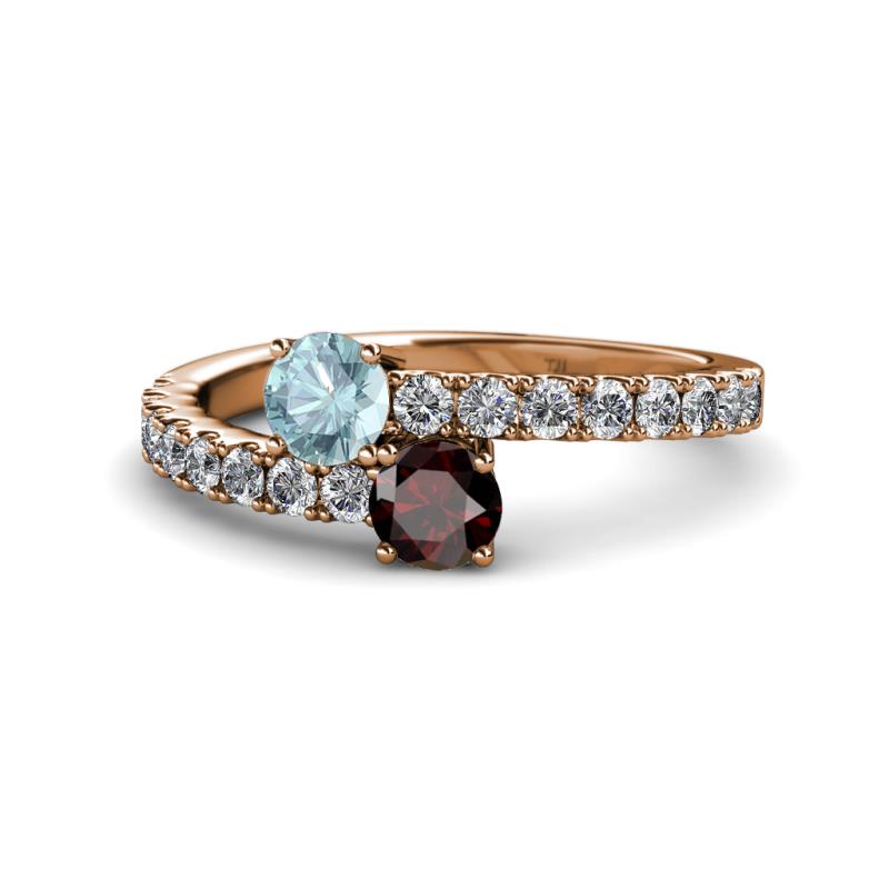 Delise 5.00mm Round Aquamarine and Red Garnet with Side Diamonds Bypass Ring 