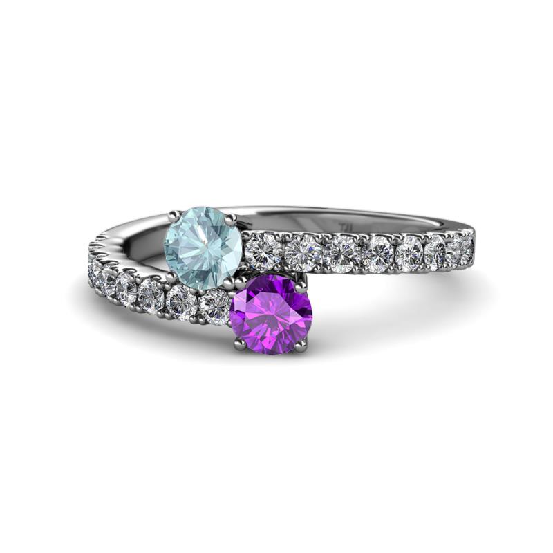 Delise 5.00mm Round Aquamarine and Amethyst with Side Diamonds Bypass Ring 