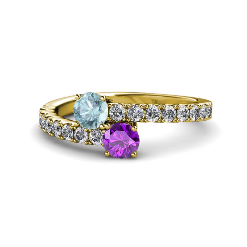 Delise 5.00mm Round Aquamarine and Amethyst with Side Diamonds Bypass Ring 